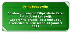 Prins Boudewijn  Boudewijn Leopold Filips Marie Karel Anton Jozef Lodewijk Geboren te Brussel op 3 juni 1869 Overleden te Brussel op 23 januari 1891
